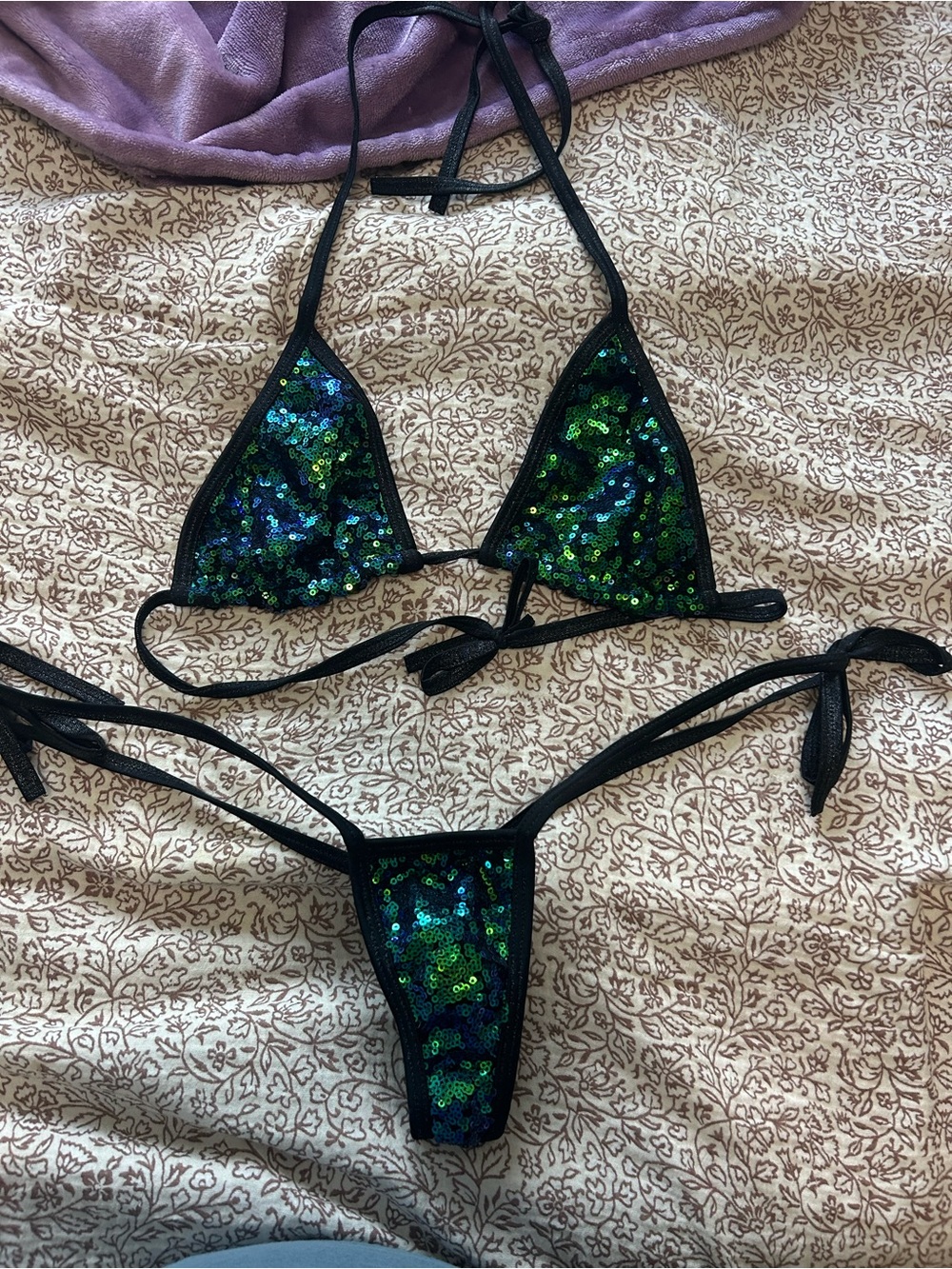 Sequined Green-Blue Triangle Bikini Set